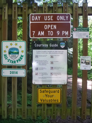 Park hours 7 am to 9 pm and park rules with suggestion to safeguard your valuables